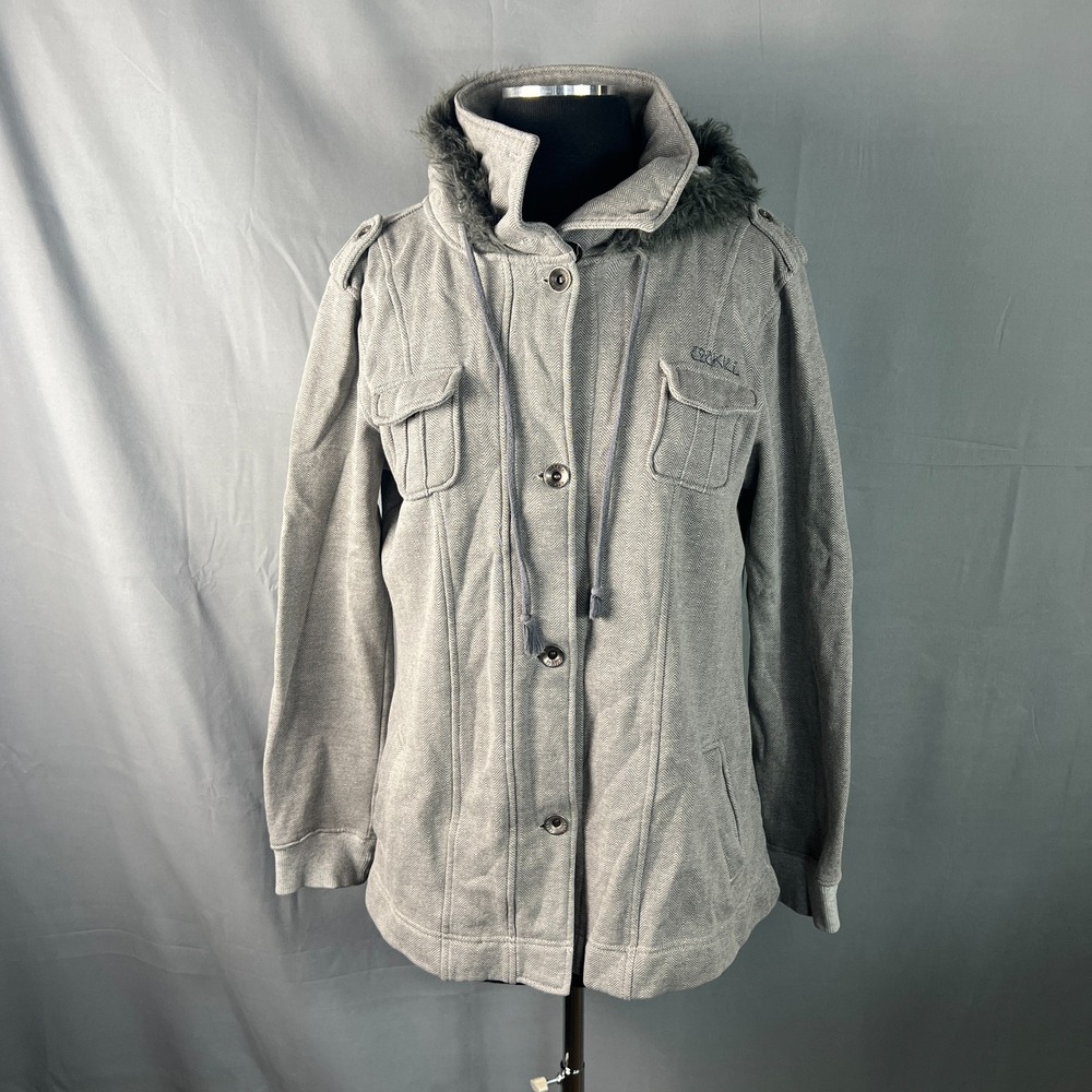 Ezekiel Jacket Womens Large Gray Herringbone Faux Fur Lined Hooded Button Up Y2k